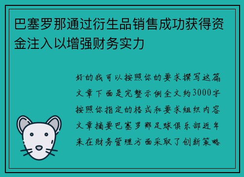 巴塞罗那通过衍生品销售成功获得资金注入以增强财务实力
